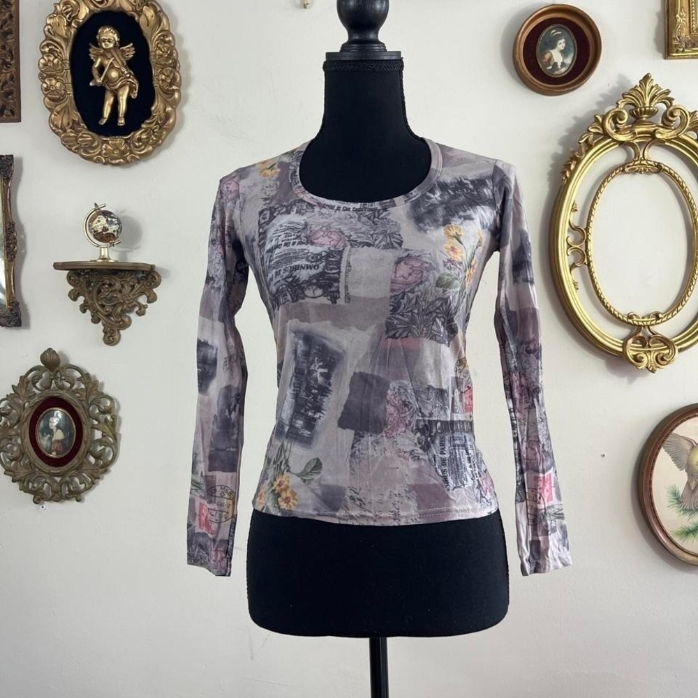 Cheryl Creations Vintage Y2K Mesh Collage Print Top Size M Grey Mauve Floral